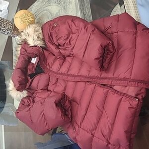 Calvin KLEIN women's LONG QUILTED FAUX FUR HOODED Burgundy PARKA XL